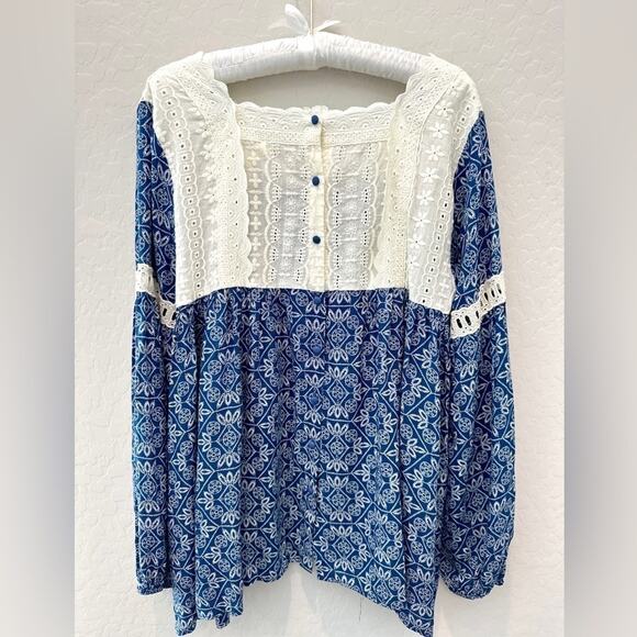 KORI AMERICA | Blue Boho Peasant Top Lace Eyelet Trim NWT | Small - Picture 5 of 8